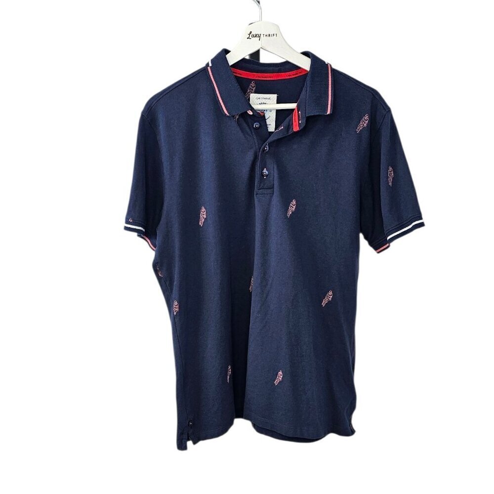 A Fish Named Fred Mens Short Sleeve Polo, Embroidered Bikes, Blue/Pink, Size M